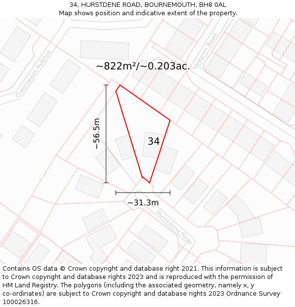 34, HURSTDENE ROAD, BOURNEMOUTH, BH8 0AL: Plot and title map