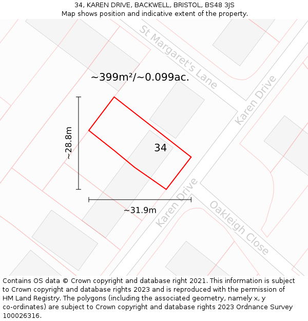 34, KAREN DRIVE, BACKWELL, BRISTOL, BS48 3JS: Plot and title map