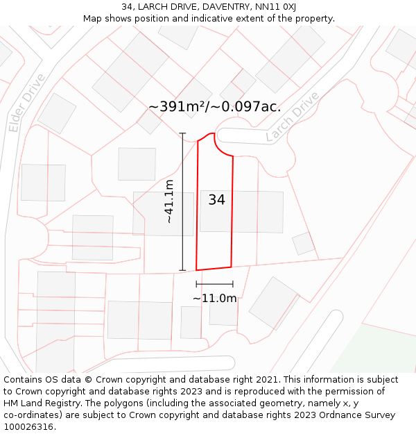 34, LARCH DRIVE, DAVENTRY, NN11 0XJ: Plot and title map