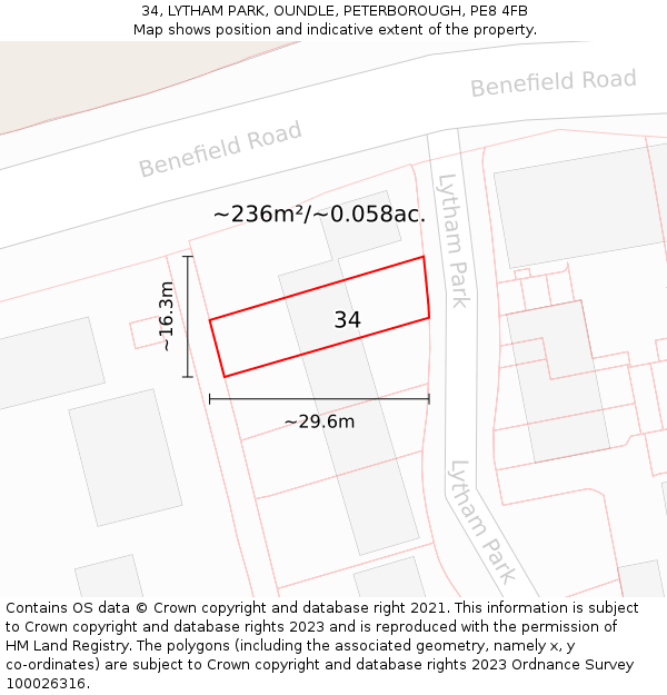34, LYTHAM PARK, OUNDLE, PETERBOROUGH, PE8 4FB: Plot and title map