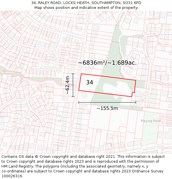 34, RALEY ROAD, LOCKS HEATH, SOUTHAMPTON, SO31 6PD: Plot and title map