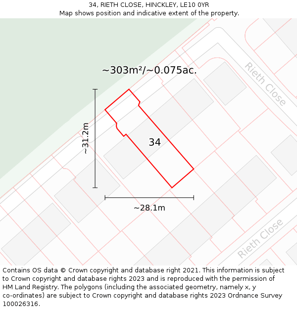 34, RIETH CLOSE, HINCKLEY, LE10 0YR: Plot and title map