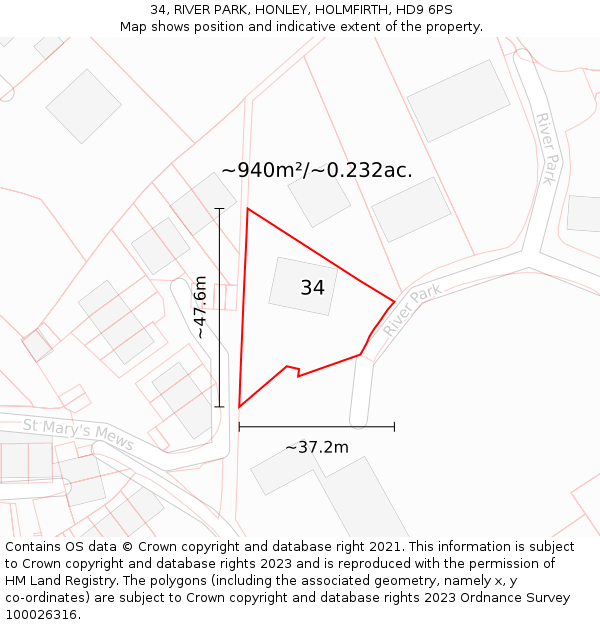 34, RIVER PARK, HONLEY, HOLMFIRTH, HD9 6PS: Plot and title map