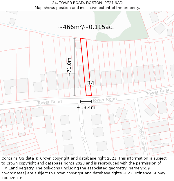 34, TOWER ROAD, BOSTON, PE21 9AD: Plot and title map