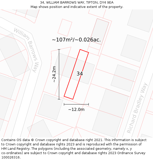 34, WILLIAM BARROWS WAY, TIPTON, DY4 9EA: Plot and title map