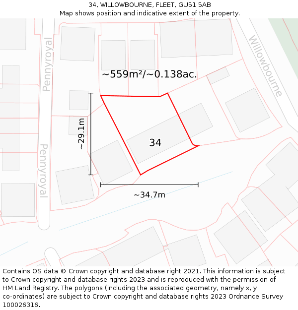 34, WILLOWBOURNE, FLEET, GU51 5AB: Plot and title map