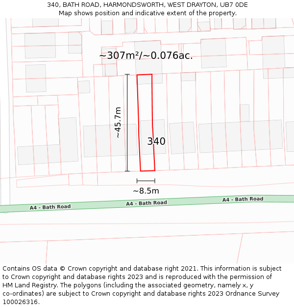 340, BATH ROAD, HARMONDSWORTH, WEST DRAYTON, UB7 0DE: Plot and title map