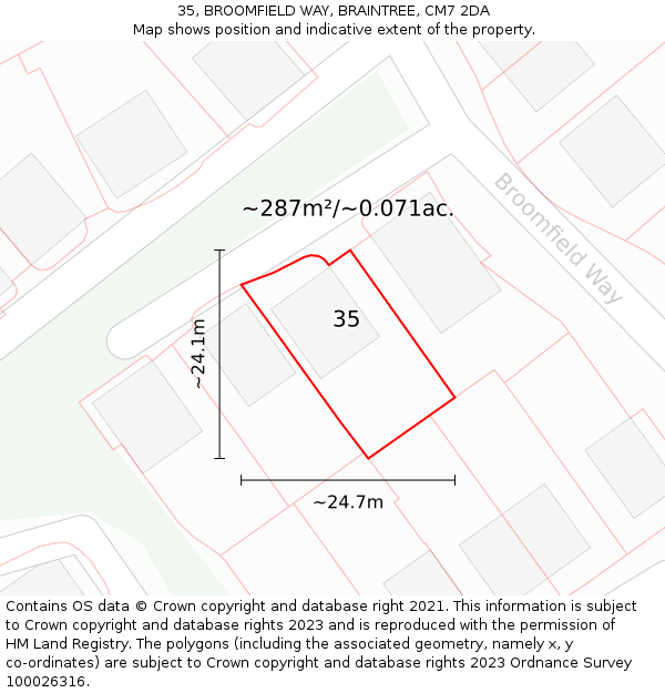 35, BROOMFIELD WAY, BRAINTREE, CM7 2DA: Plot and title map