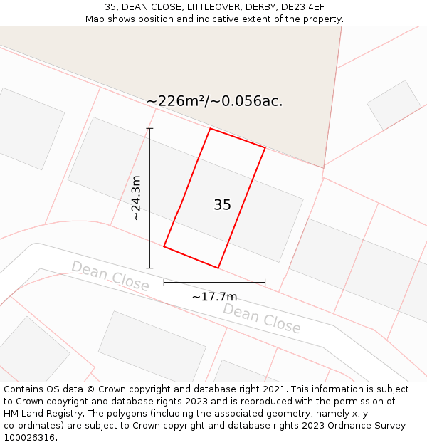 35, DEAN CLOSE, LITTLEOVER, DERBY, DE23 4EF: Plot and title map
