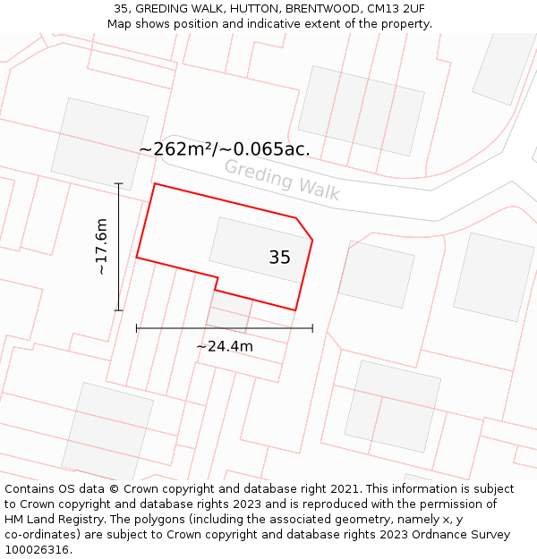 35, GREDING WALK, HUTTON, BRENTWOOD, CM13 2UF: Plot and title map