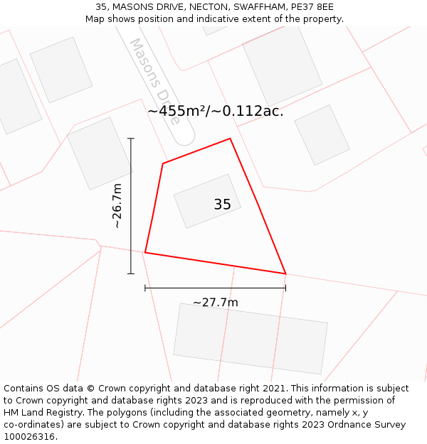 35, MASONS DRIVE, NECTON, SWAFFHAM, PE37 8EE: Plot and title map