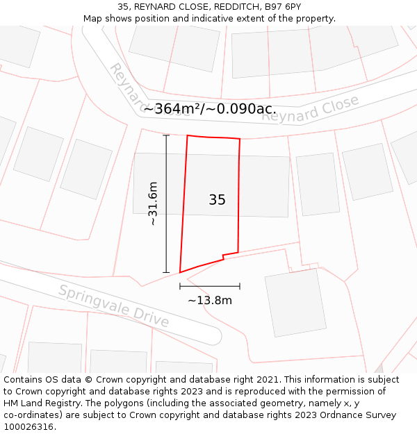 35, REYNARD CLOSE, REDDITCH, B97 6PY: Plot and title map