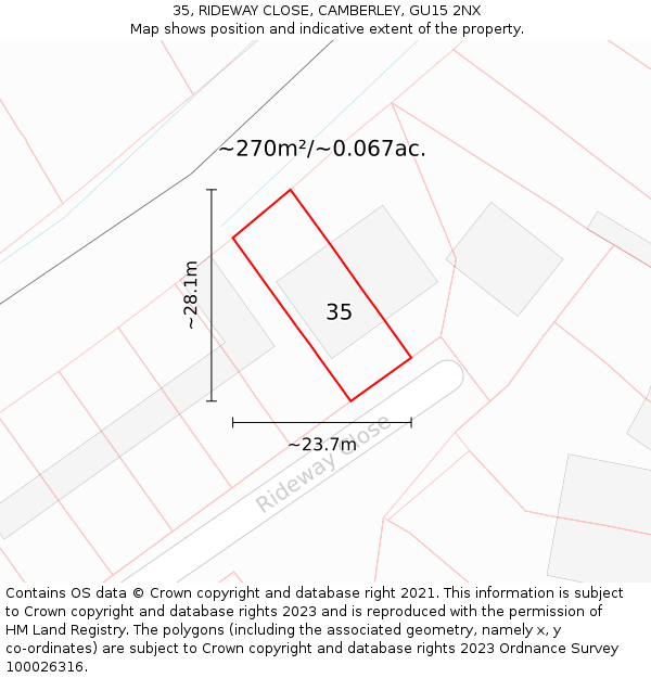 35, RIDEWAY CLOSE, CAMBERLEY, GU15 2NX: Plot and title map