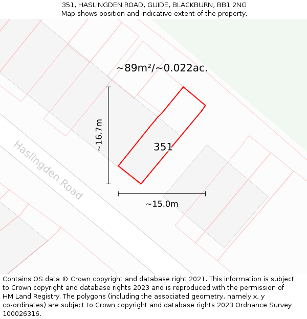 351, HASLINGDEN ROAD, GUIDE, BLACKBURN, BB1 2NG: Plot and title map