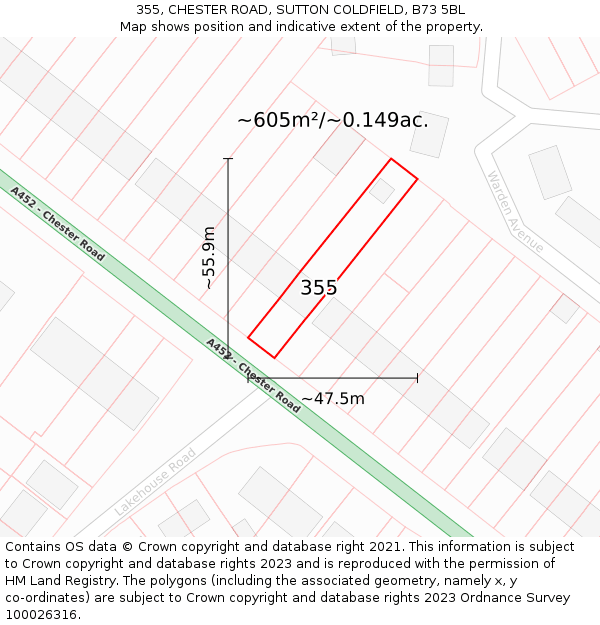 355, CHESTER ROAD, SUTTON COLDFIELD, B73 5BL: Plot and title map