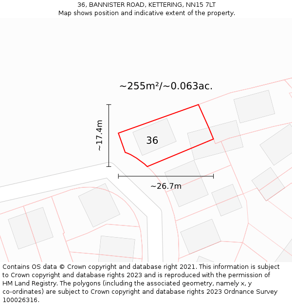 36, BANNISTER ROAD, KETTERING, NN15 7LT: Plot and title map