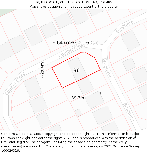 36, BRADGATE, CUFFLEY, POTTERS BAR, EN6 4RN: Plot and title map