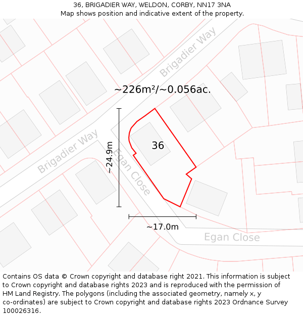 36, BRIGADIER WAY, WELDON, CORBY, NN17 3NA: Plot and title map
