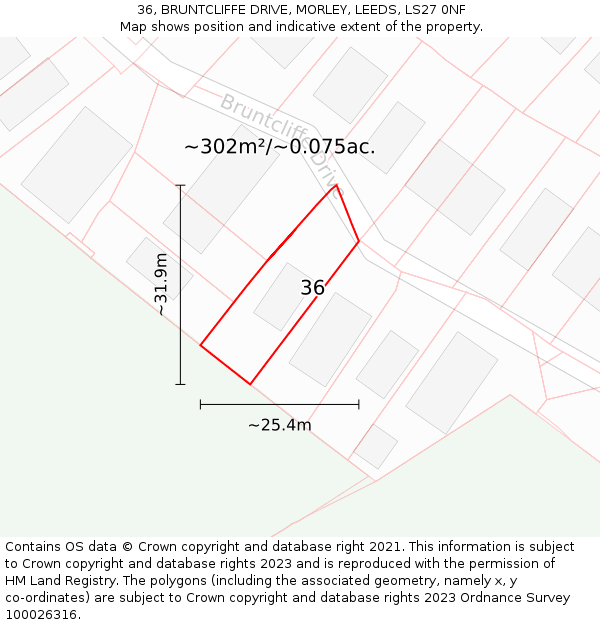 36, BRUNTCLIFFE DRIVE, MORLEY, LEEDS, LS27 0NF: Plot and title map