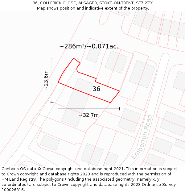 36, COLLERICK CLOSE, ALSAGER, STOKE-ON-TRENT, ST7 2ZX: Plot and title map