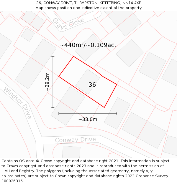 36, CONWAY DRIVE, THRAPSTON, KETTERING, NN14 4XP: Plot and title map