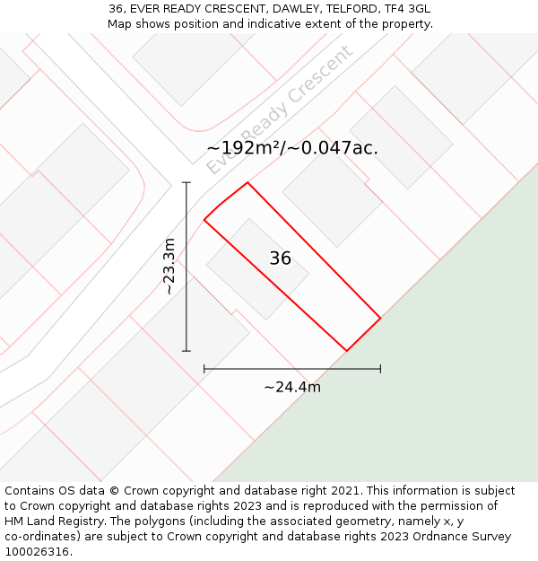 36, EVER READY CRESCENT, DAWLEY, TELFORD, TF4 3GL: Plot and title map