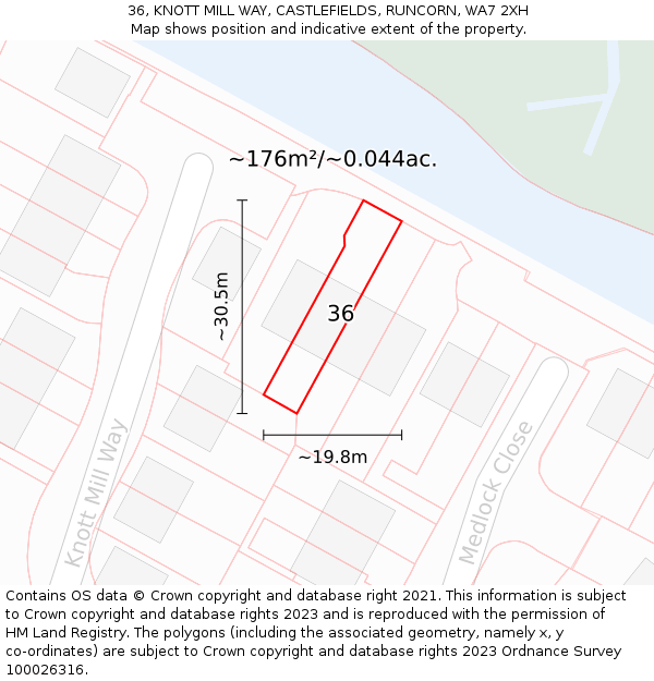 36, KNOTT MILL WAY, CASTLEFIELDS, RUNCORN, WA7 2XH: Plot and title map
