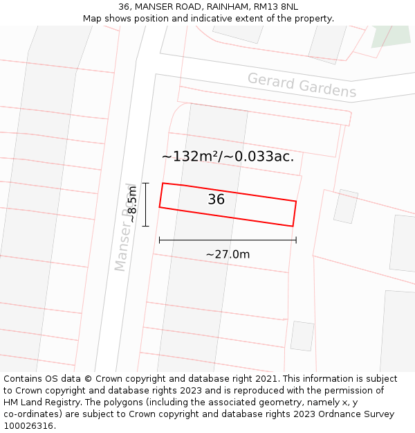 36, MANSER ROAD, RAINHAM, RM13 8NL: Plot and title map
