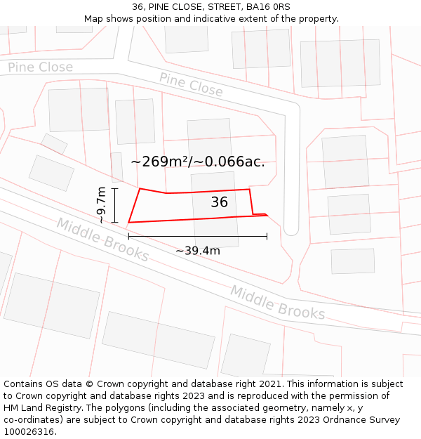 36, PINE CLOSE, STREET, BA16 0RS: Plot and title map