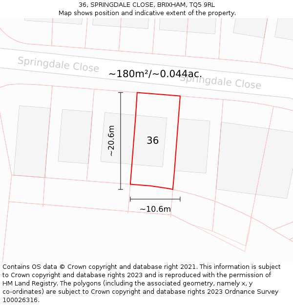 36, SPRINGDALE CLOSE, BRIXHAM, TQ5 9RL: Plot and title map