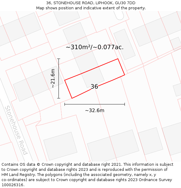 36, STONEHOUSE ROAD, LIPHOOK, GU30 7DD: Plot and title map