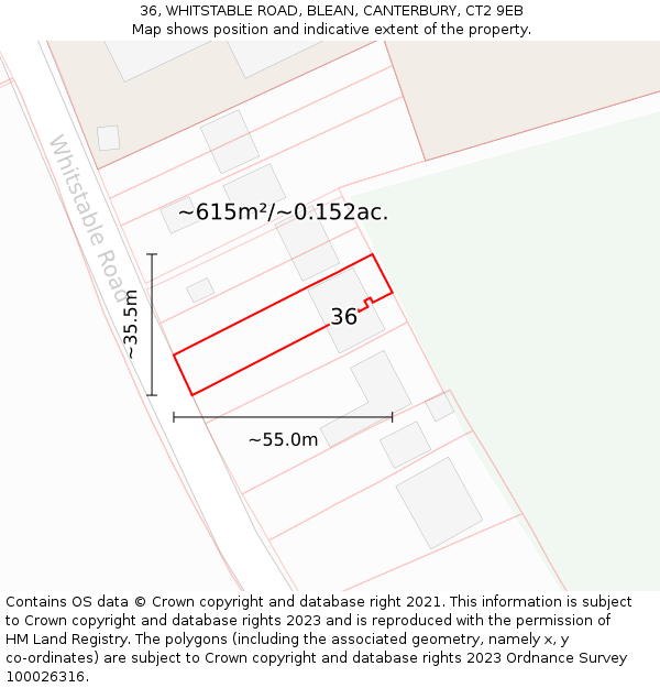 36, WHITSTABLE ROAD, BLEAN, CANTERBURY, CT2 9EB: Plot and title map