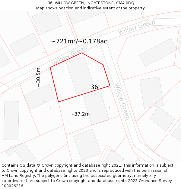 36, WILLOW GREEN, INGATESTONE, CM4 0DQ: Plot and title map