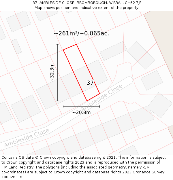 37, AMBLESIDE CLOSE, BROMBOROUGH, WIRRAL, CH62 7JF: Plot and title map