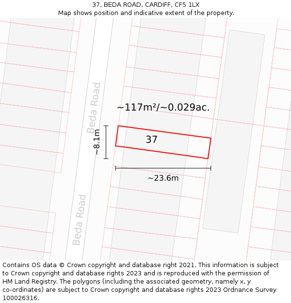 37, BEDA ROAD, CARDIFF, CF5 1LX: Plot and title map