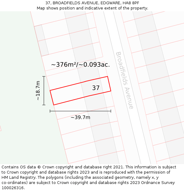 37, BROADFIELDS AVENUE, EDGWARE, HA8 8PF: Plot and title map