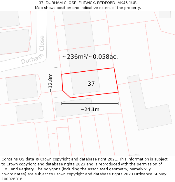 37, DURHAM CLOSE, FLITWICK, BEDFORD, MK45 1UR: Plot and title map