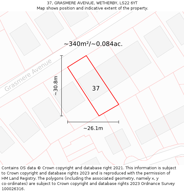 37, GRASMERE AVENUE, WETHERBY, LS22 6YT: Plot and title map