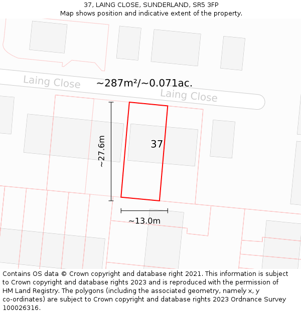 37, LAING CLOSE, SUNDERLAND, SR5 3FP: Plot and title map