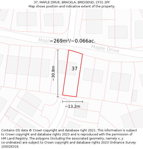 37, MAPLE DRIVE, BRACKLA, BRIDGEND, CF31 2PF: Plot and title map