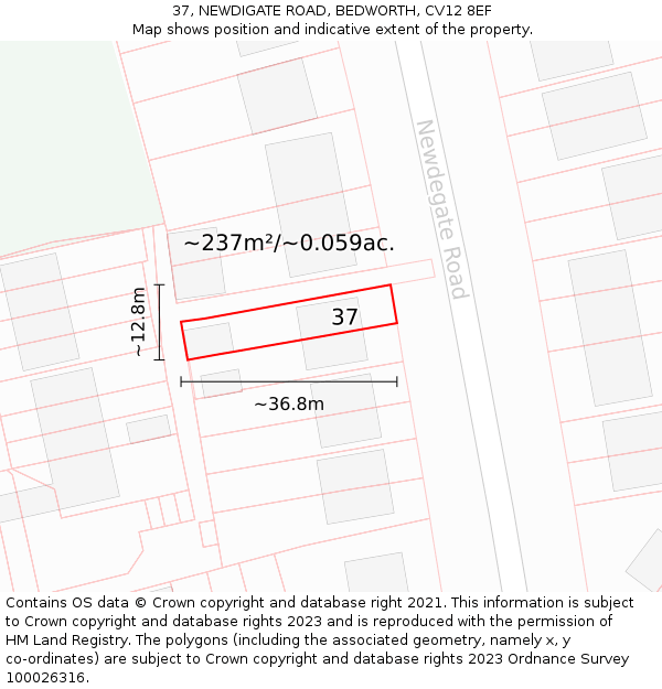 37, NEWDIGATE ROAD, BEDWORTH, CV12 8EF: Plot and title map