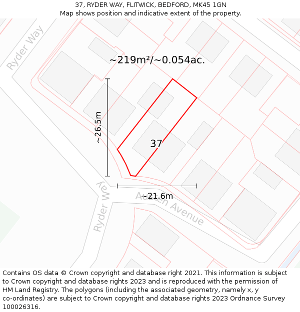 37, RYDER WAY, FLITWICK, BEDFORD, MK45 1GN: Plot and title map