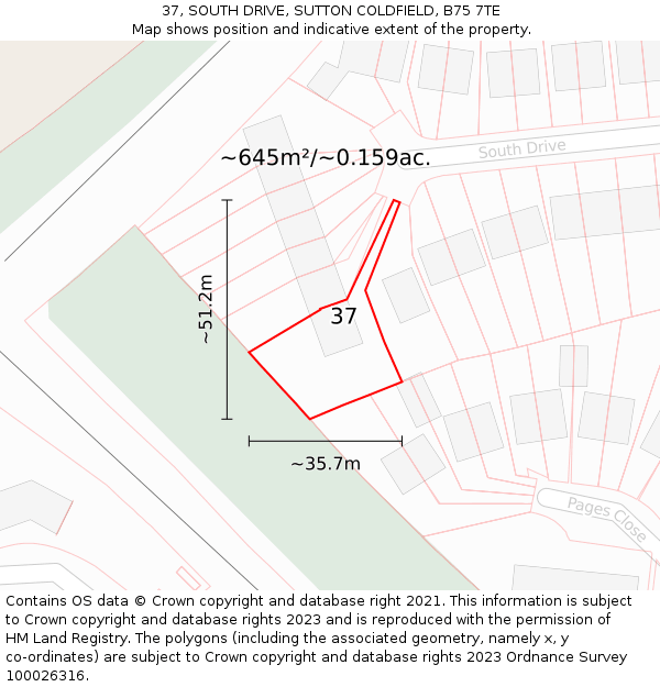 37, SOUTH DRIVE, SUTTON COLDFIELD, B75 7TE: Plot and title map