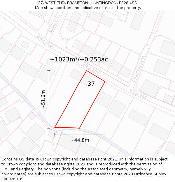 37, WEST END, BRAMPTON, HUNTINGDON, PE28 4SD: Plot and title map