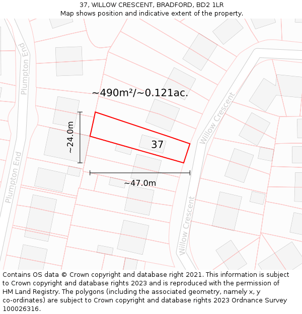 37, WILLOW CRESCENT, BRADFORD, BD2 1LR: Plot and title map