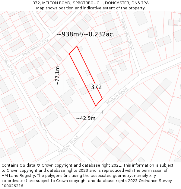 372, MELTON ROAD, SPROTBROUGH, DONCASTER, DN5 7PA: Plot and title map