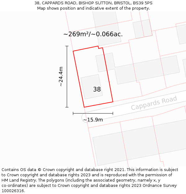 38, CAPPARDS ROAD, BISHOP SUTTON, BRISTOL, BS39 5PS: Plot and title map