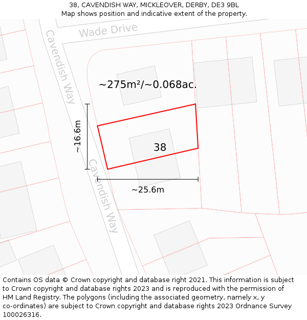 38, CAVENDISH WAY, MICKLEOVER, DERBY, DE3 9BL: Plot and title map