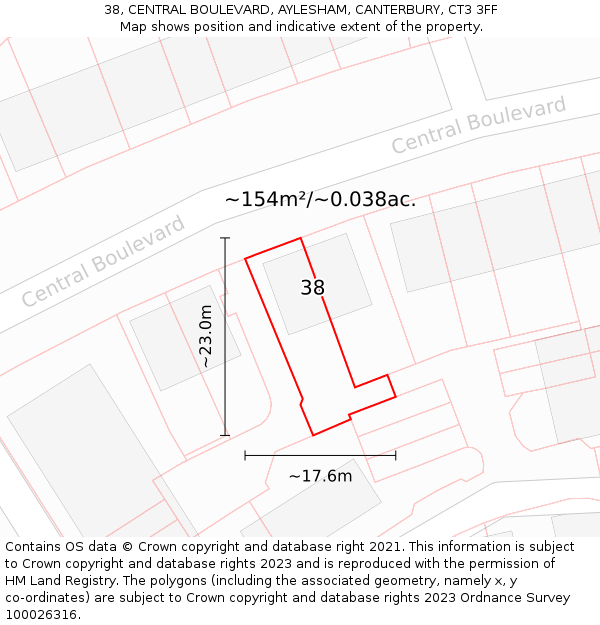 38, CENTRAL BOULEVARD, AYLESHAM, CANTERBURY, CT3 3FF: Plot and title map
