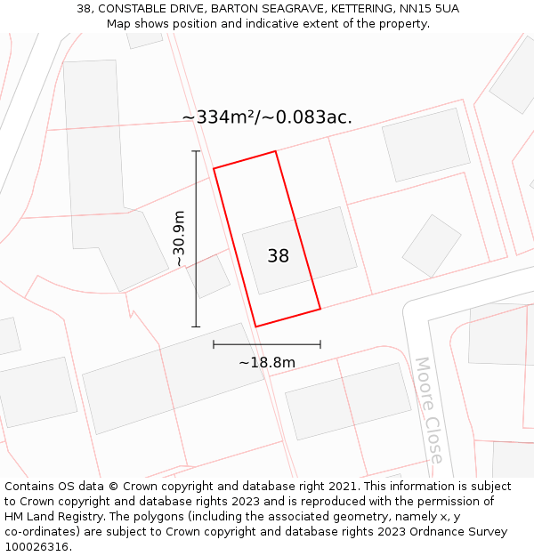 38, CONSTABLE DRIVE, BARTON SEAGRAVE, KETTERING, NN15 5UA: Plot and title map